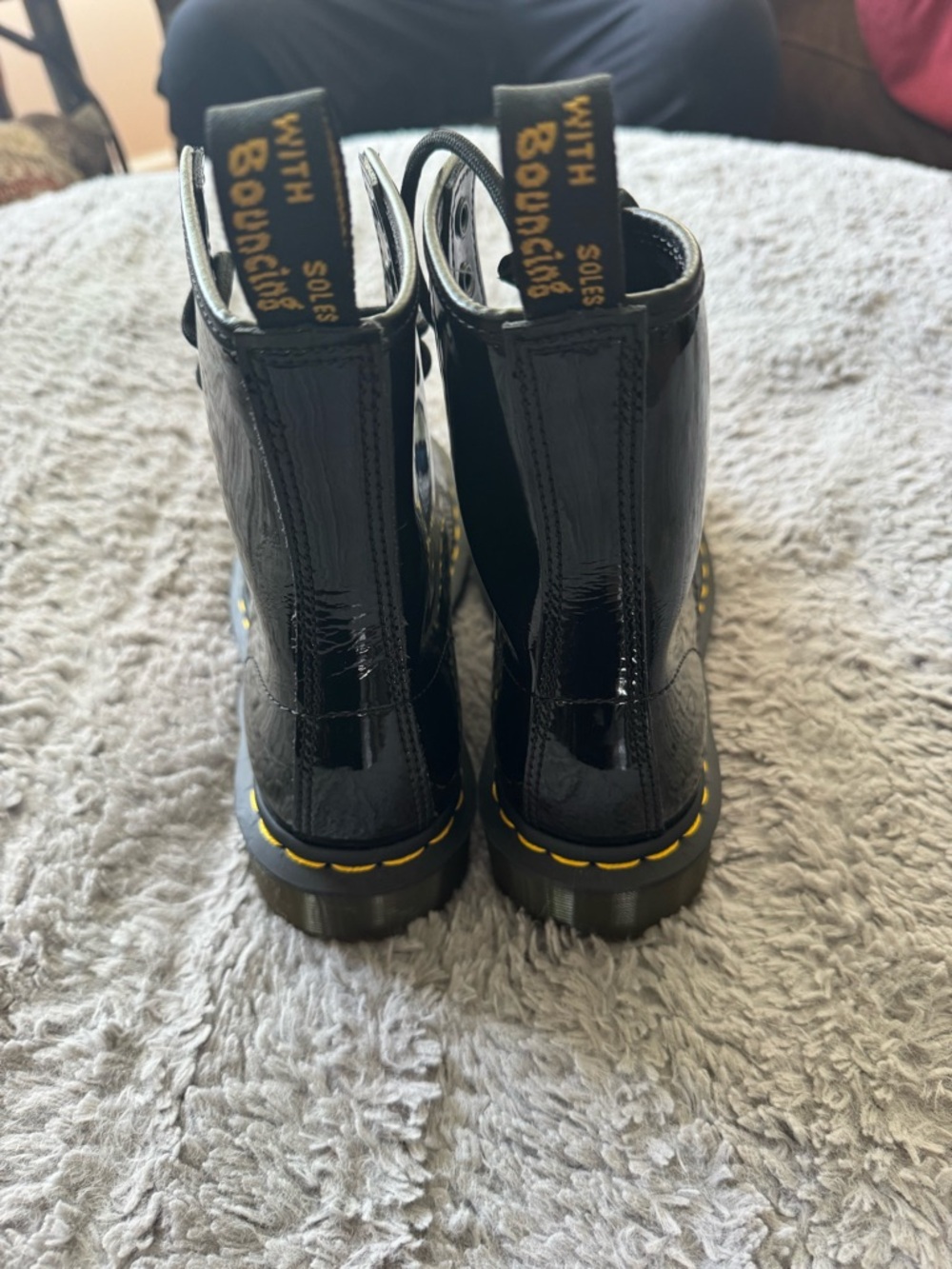 Dr. Martens Black Patent Lace-Up Combat Boots with Yellow Stitching - Picture 3 of 10